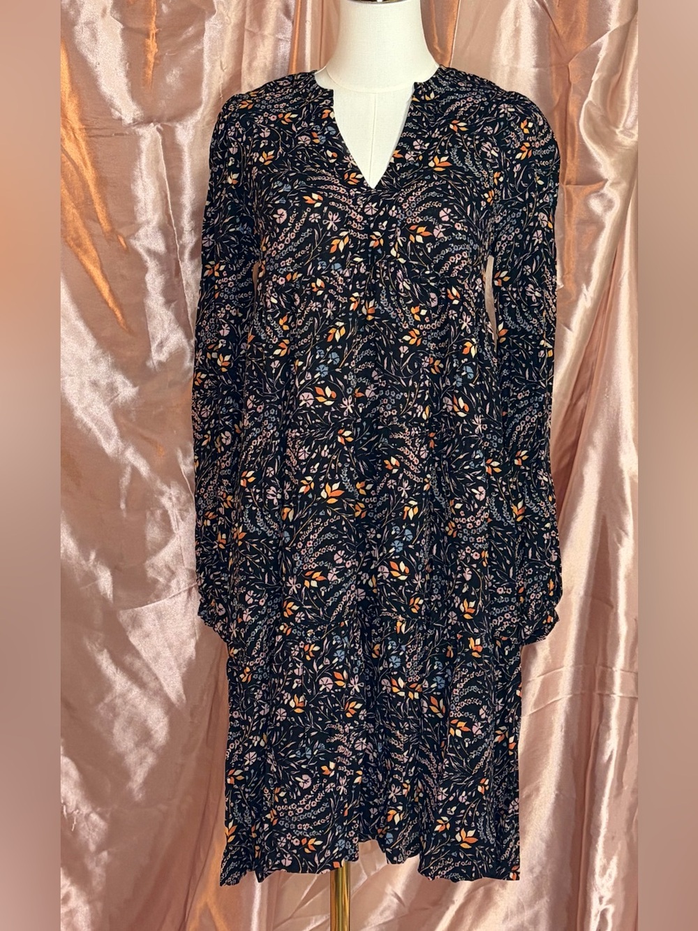 Anthropologie Black Floral Long-Sleeve V-Neck Dress